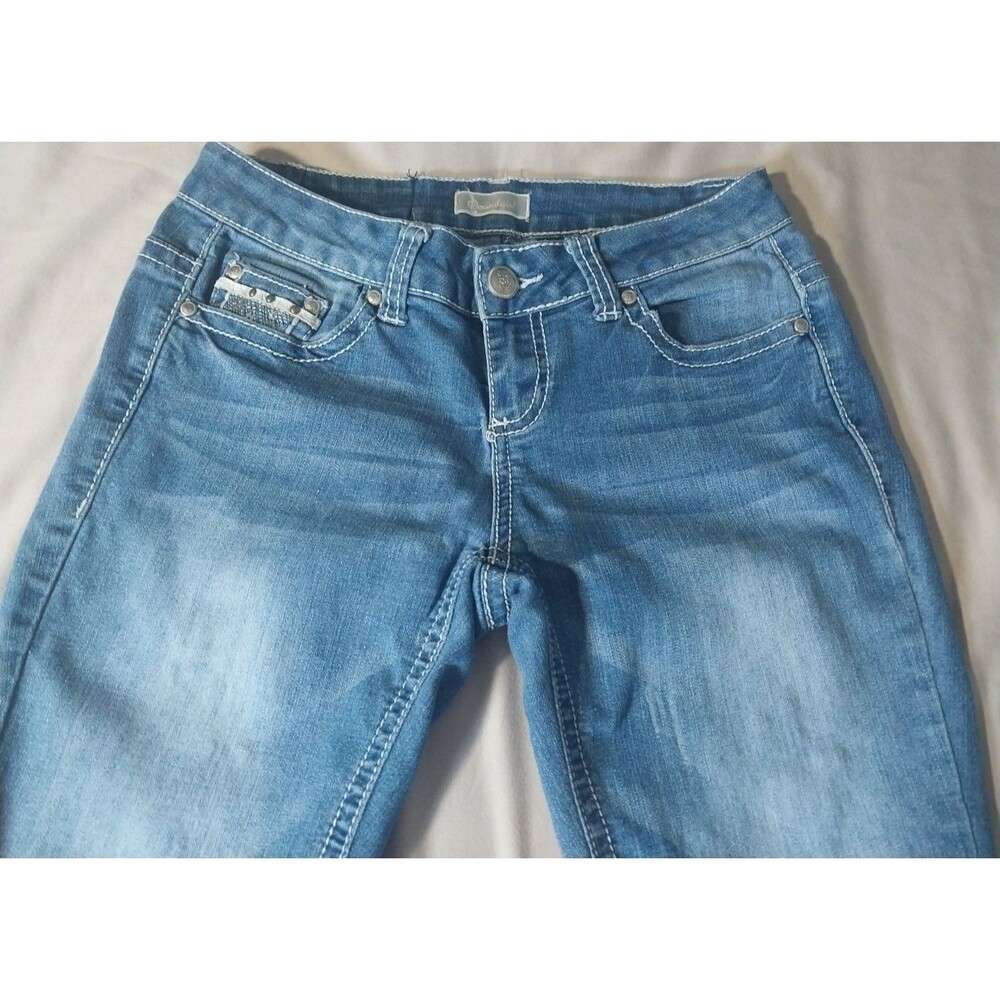 Soundgirl Jeans Juniors 5x32 Blue Bootcut Embellished Pocket Fleur De Lis Design